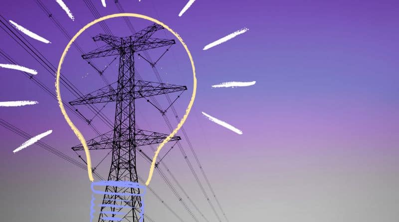 Illustration d'une ampoule avec une photo de pylone en arrière plan